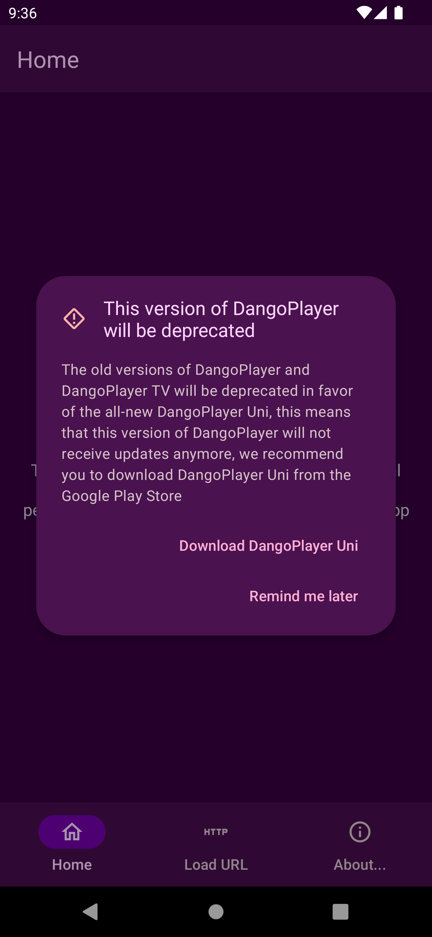 Obsolete DangoPlayer deprecation message at launch